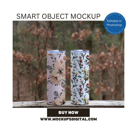 Two 20 oz Skinny Tumbler Smart Object Mockup On Deck